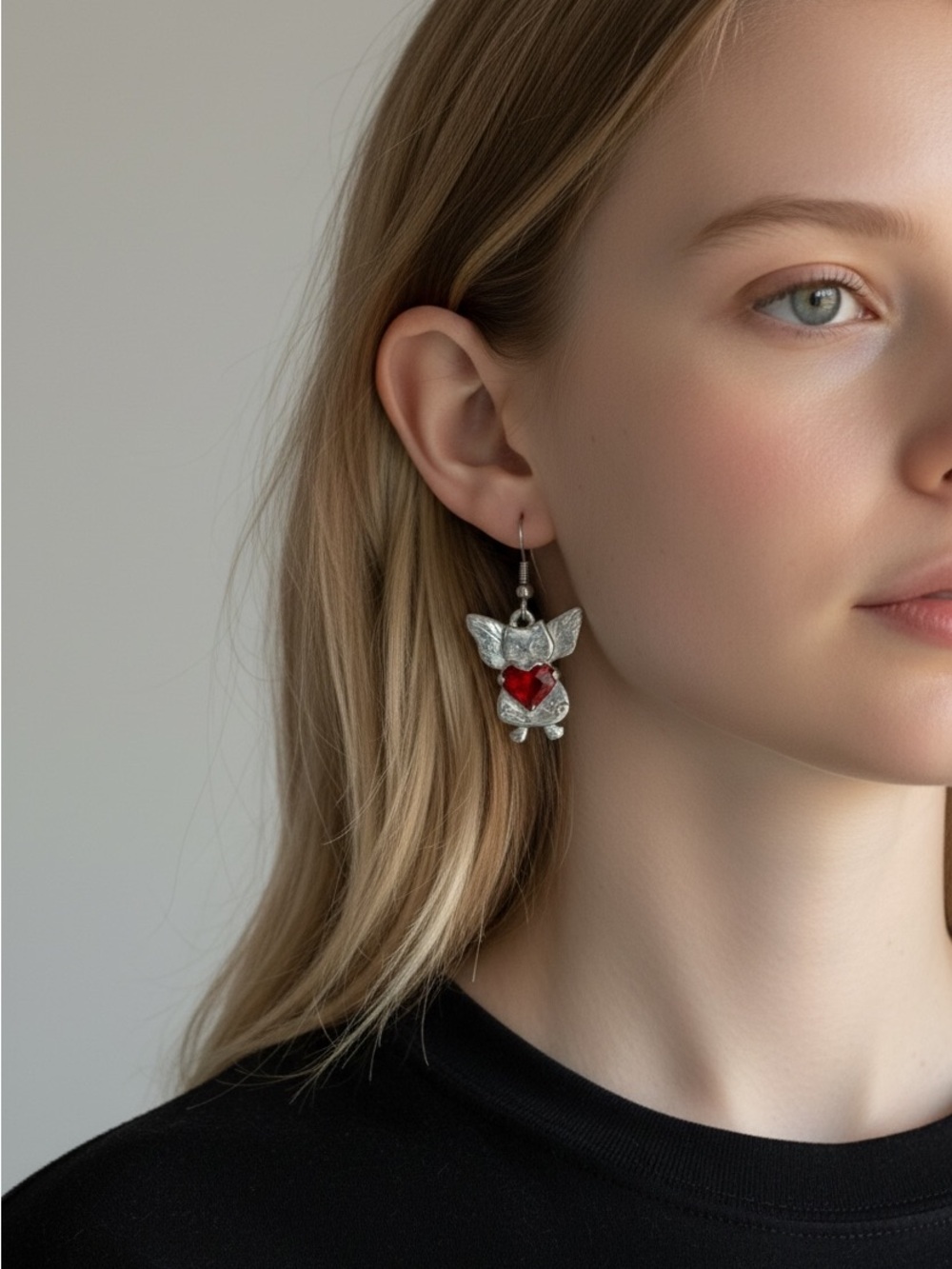 9/25 Silver Cat Drop Earrings with Red Heart Gem